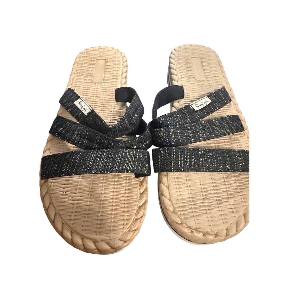 Panama Jack Womens Black Glitter Triple Strap Slide Sandals Platform Tan Woven 9